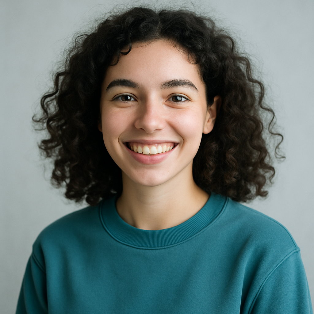 Portrait of a Belfast university student with curly hair wearing a teal sweatshirt