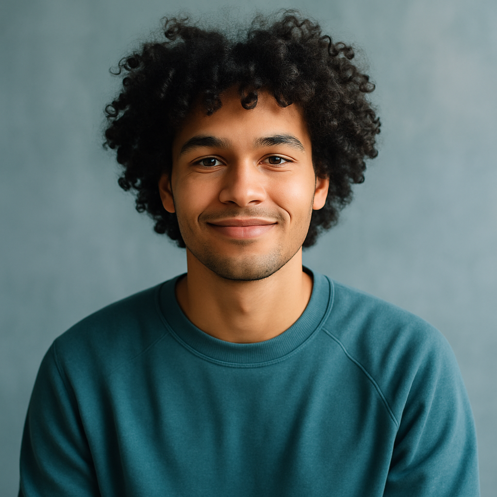 Portrait of a college student with curly hair wearing a teal sweatshirt