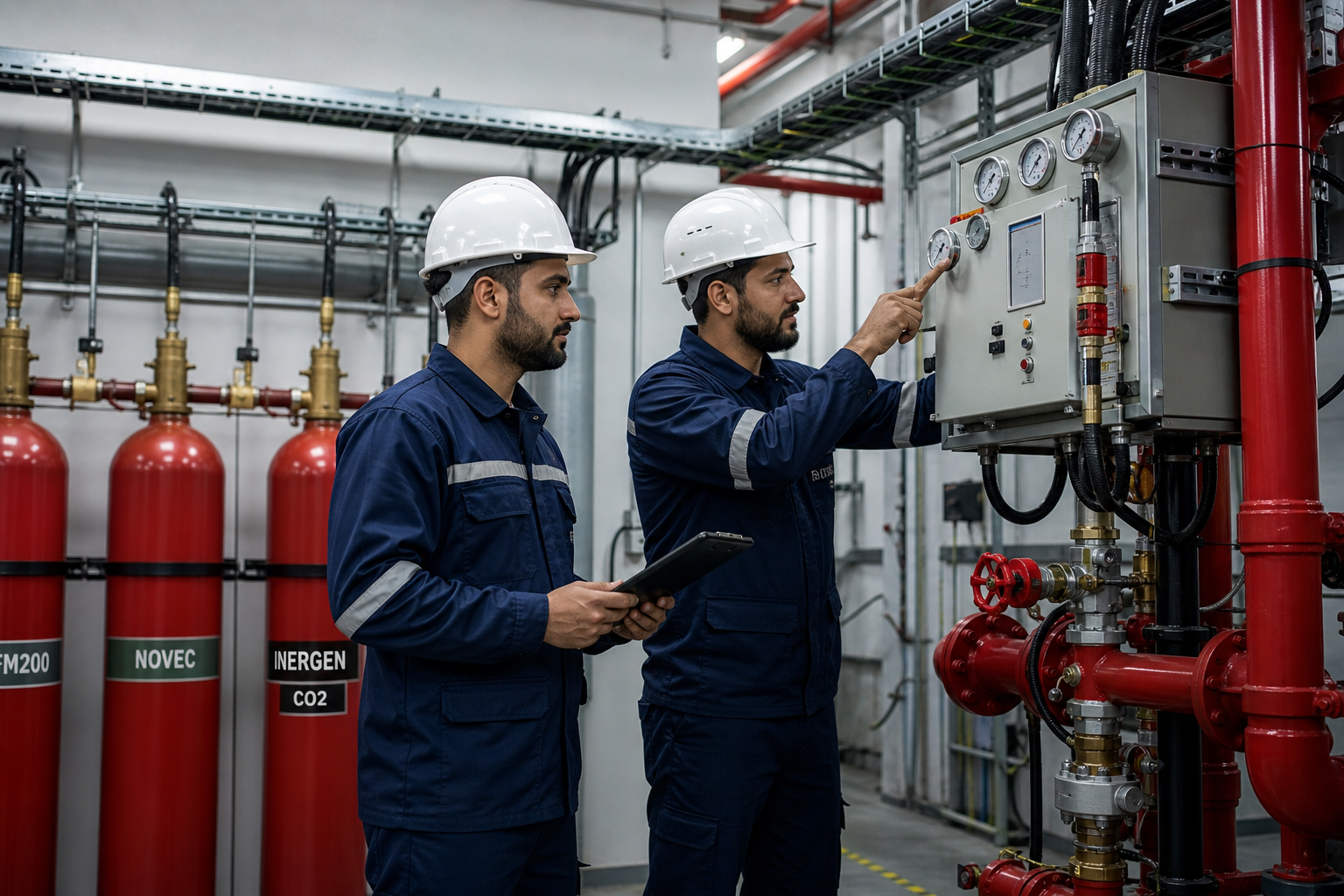 Fire safety engineers inspecting suppression control equipment and pipeline gauges inside a modern industrial facility