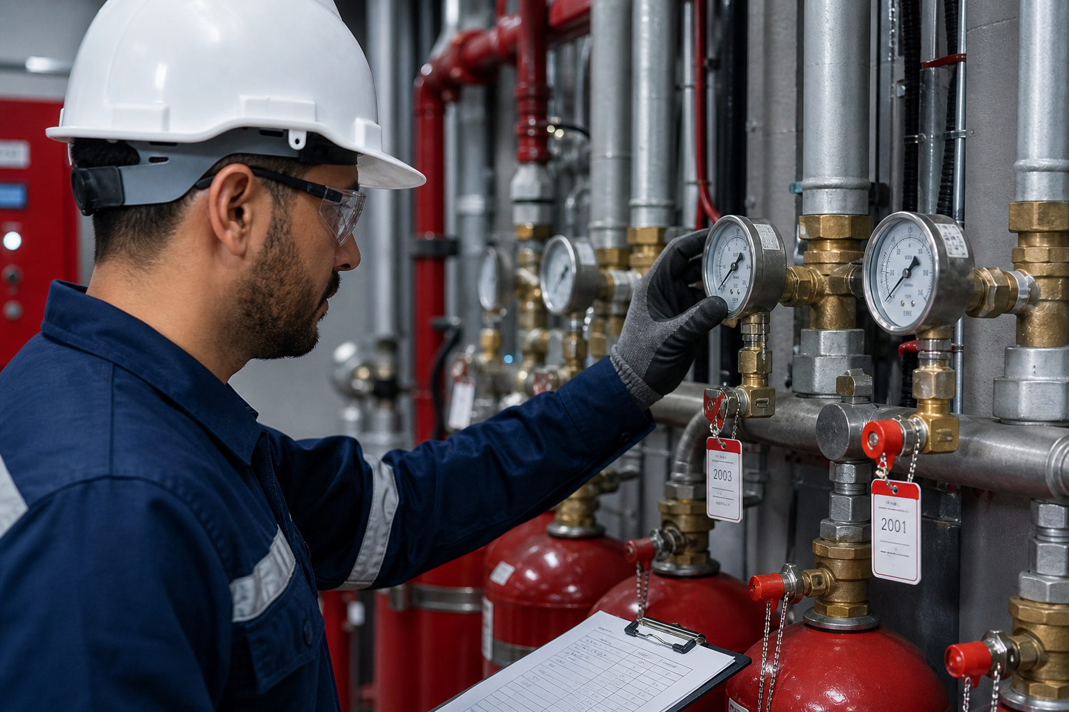 Close-up of a fire safety technician inspecting suppression system pressure gauges and valve labels in a clean industrial facility