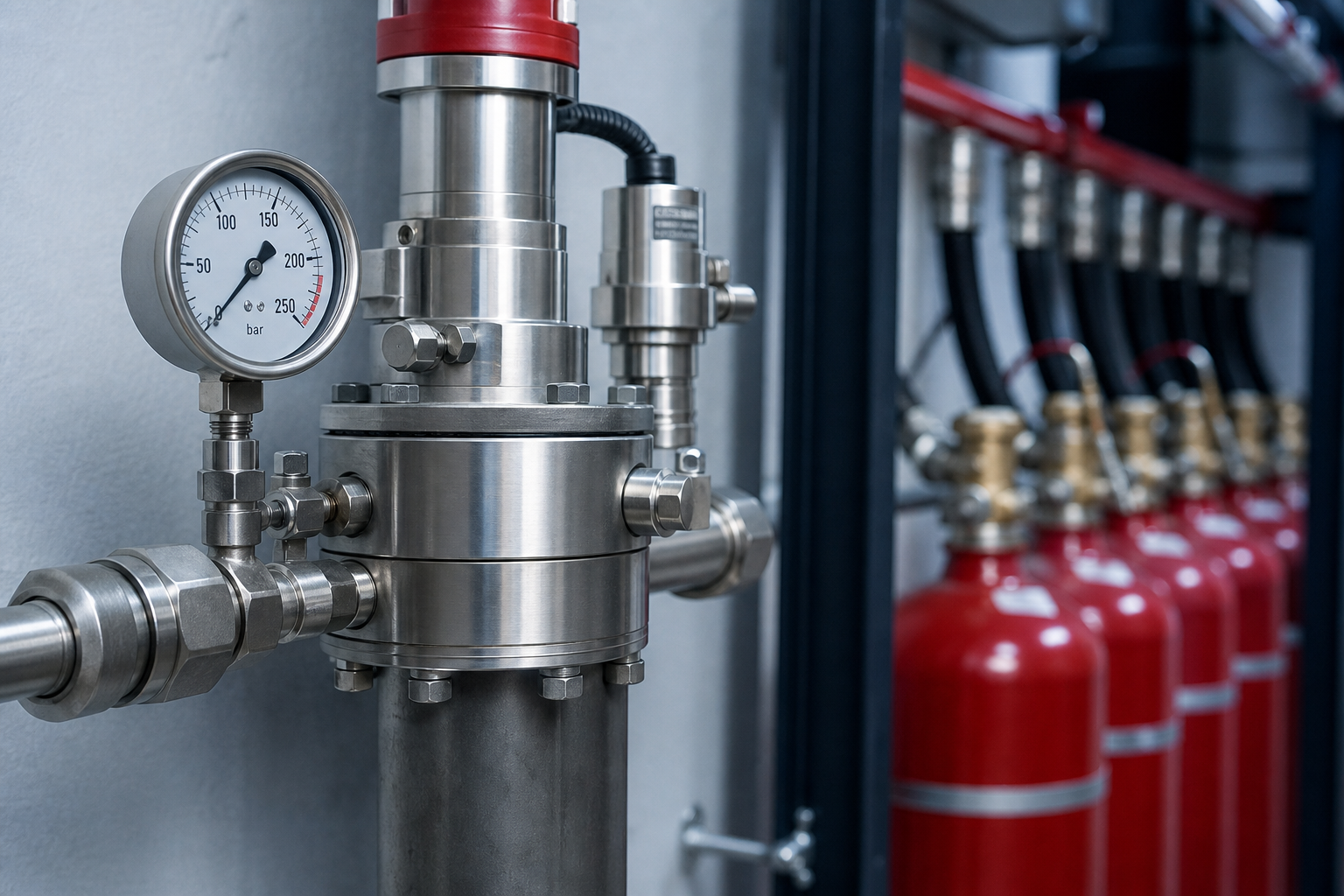 Close-up technical view of a fire suppression valve and pressure gauge in an industrial facility, with clean metallic details and cool blue ambient lighting