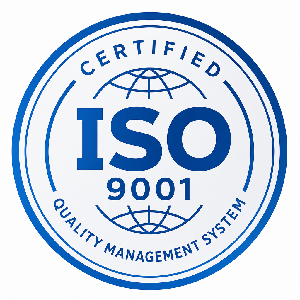 Neutral ISO 9001 badge-style placeholder icon in blue technical tones