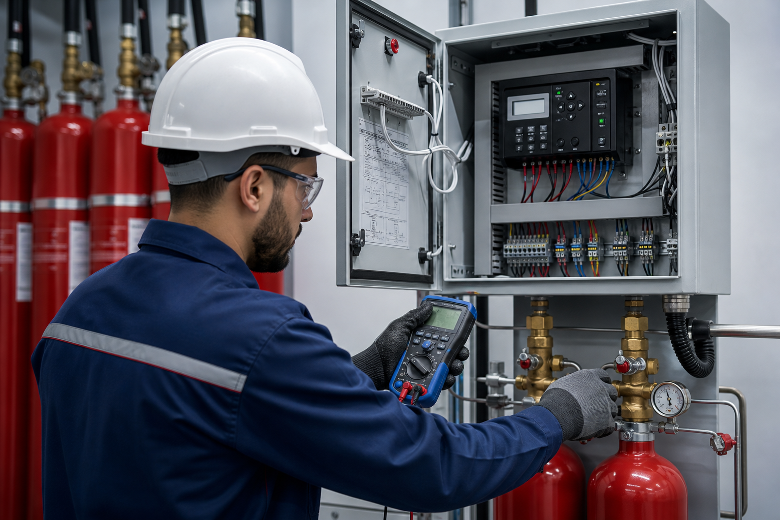 Technician servicing a fire suppression control cabinet with inspection checklist and calibrated tools