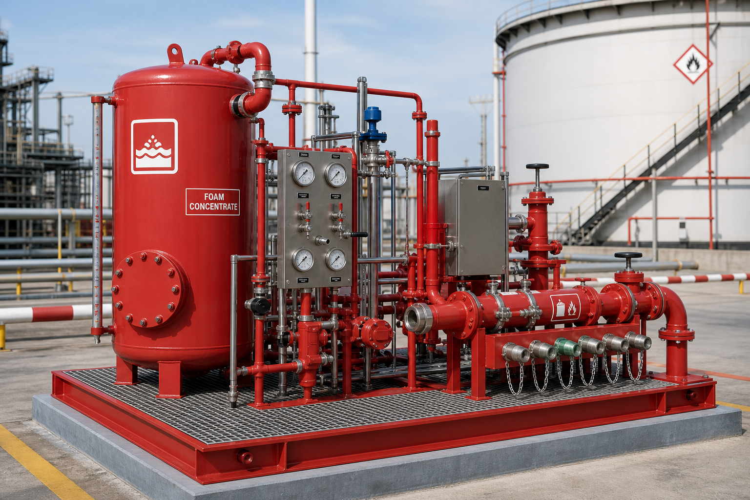 Foam proportioning skid and concentrate tank assembly for high-risk fuel hazards