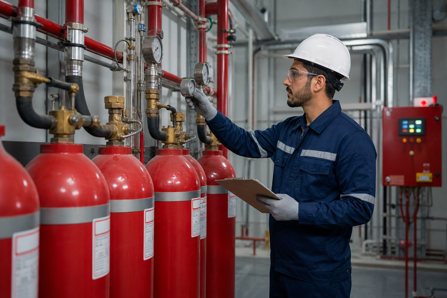 Fire protection engineer reviewing suppression system gauges and pipeline routing during an on-site technical inspection