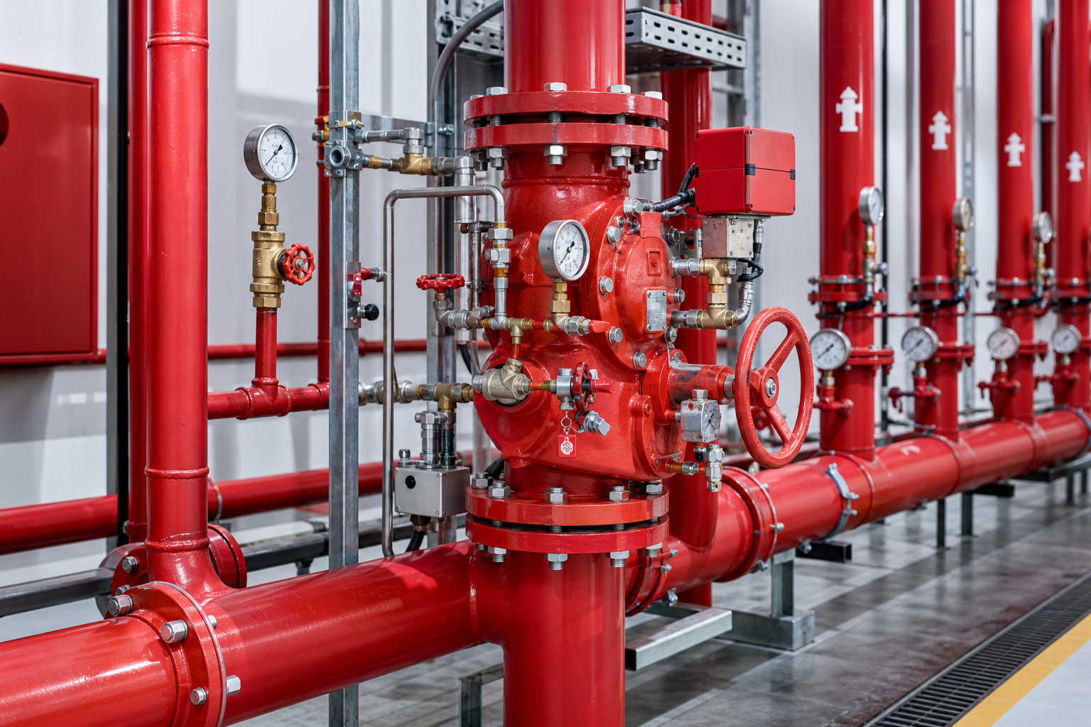 Water firefighting pipework with deluge valve station, gauges, and hydrant connections