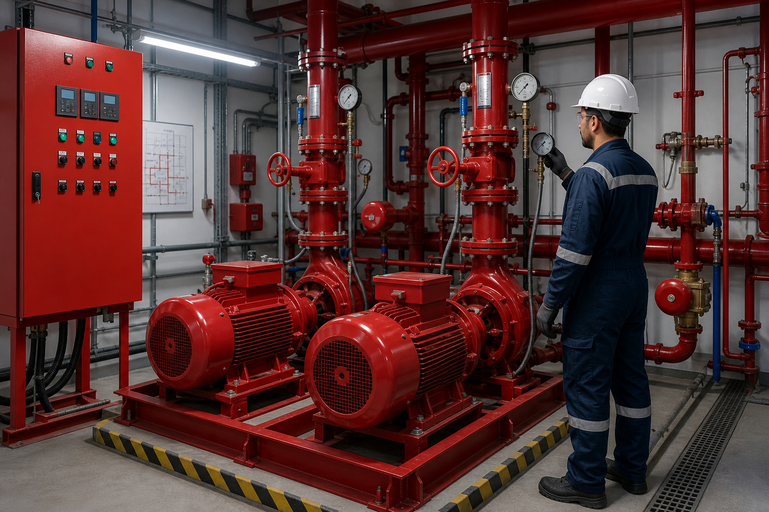 Fire pump set and sprinkler riser network with engineer performing hydraulic performance check