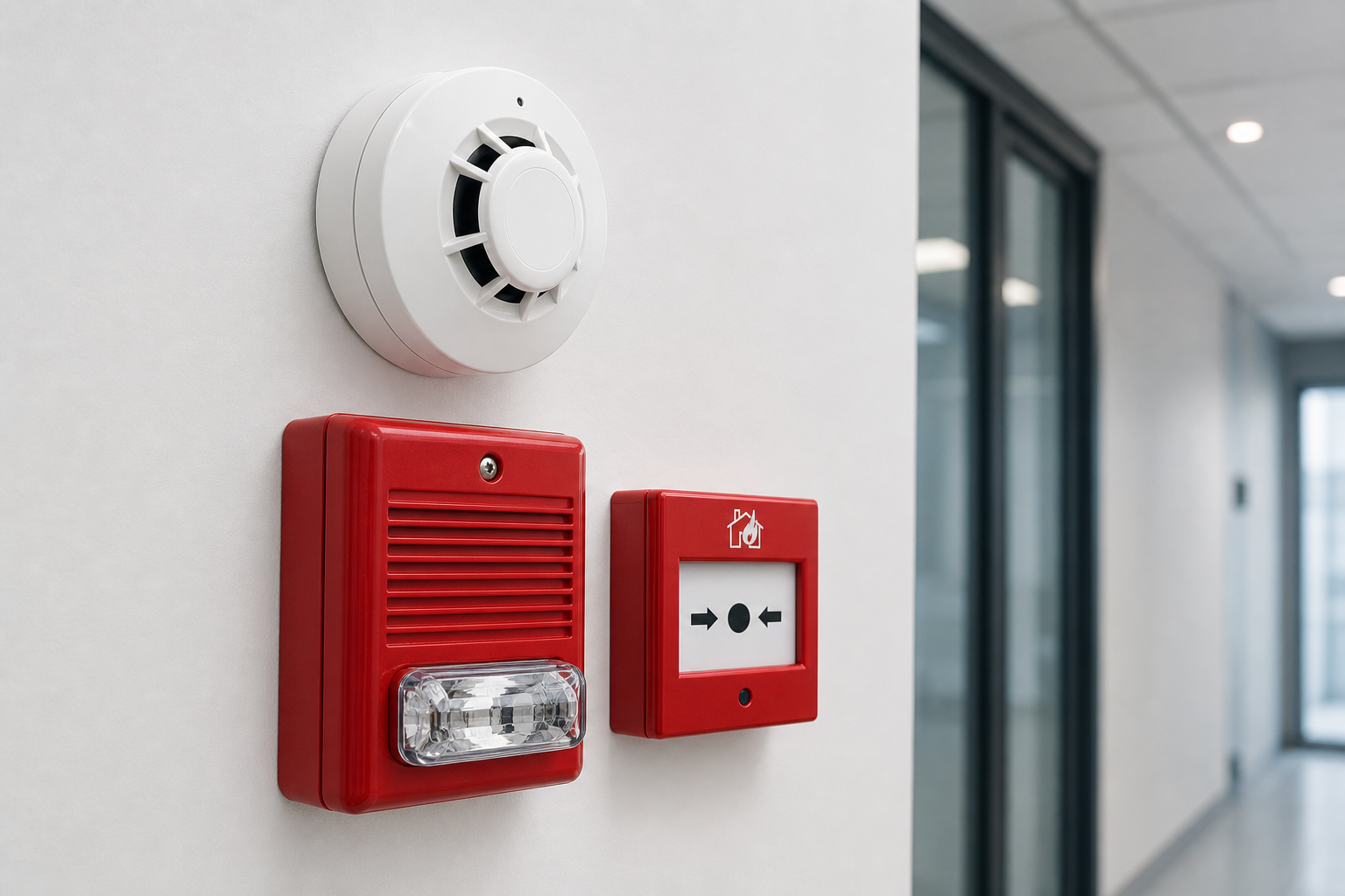 Wall-mounted fire alarm devices including a white smoke detector, red horn strobe, and manual call point on a clean commercial corridor wall