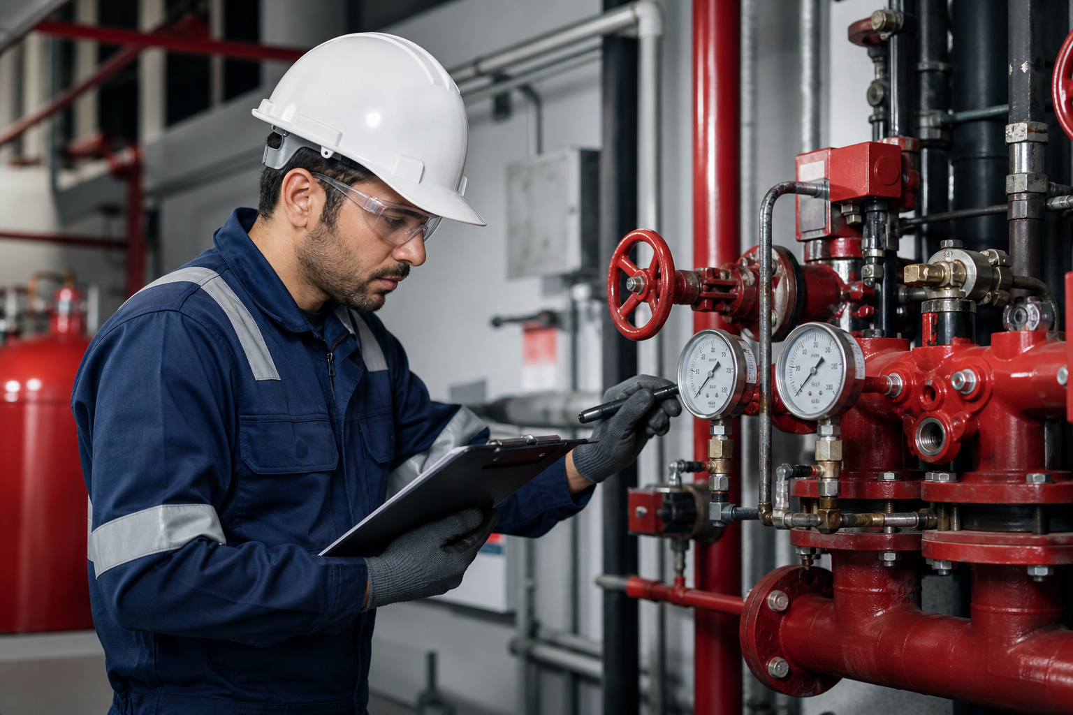 Fire safety engineer in navy PPE using a clipboard to inspect sprinkler valve assemblies and pressure instrumentation inside a plant service area