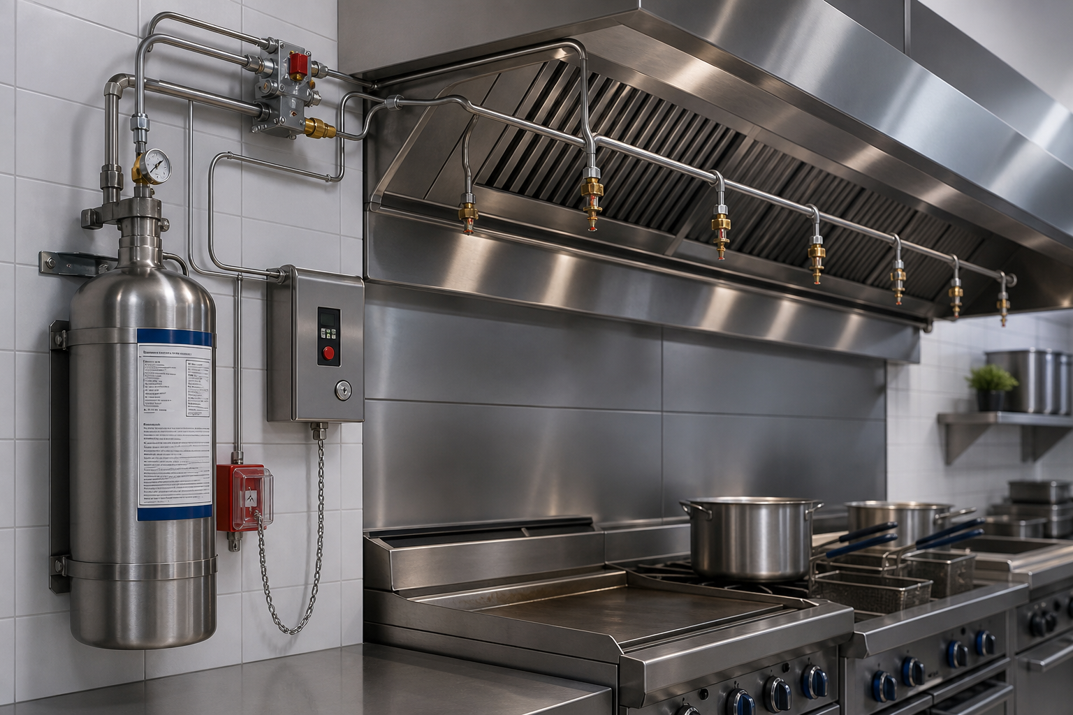 Wet chemical kitchen suppression nozzles and cylinder release assembly above cooking line