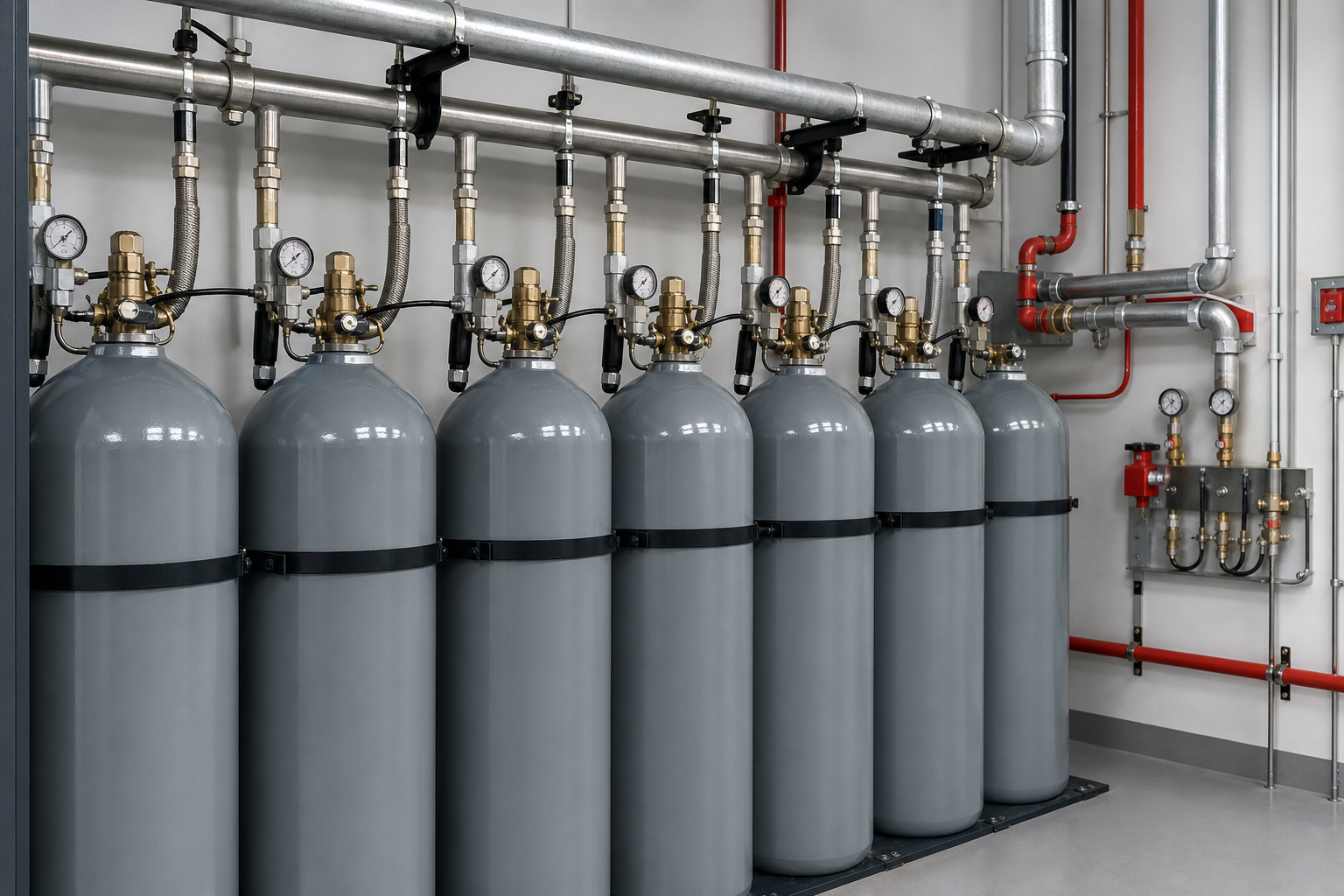 CO2 cylinder bank and manifold assembly for total flooding suppression