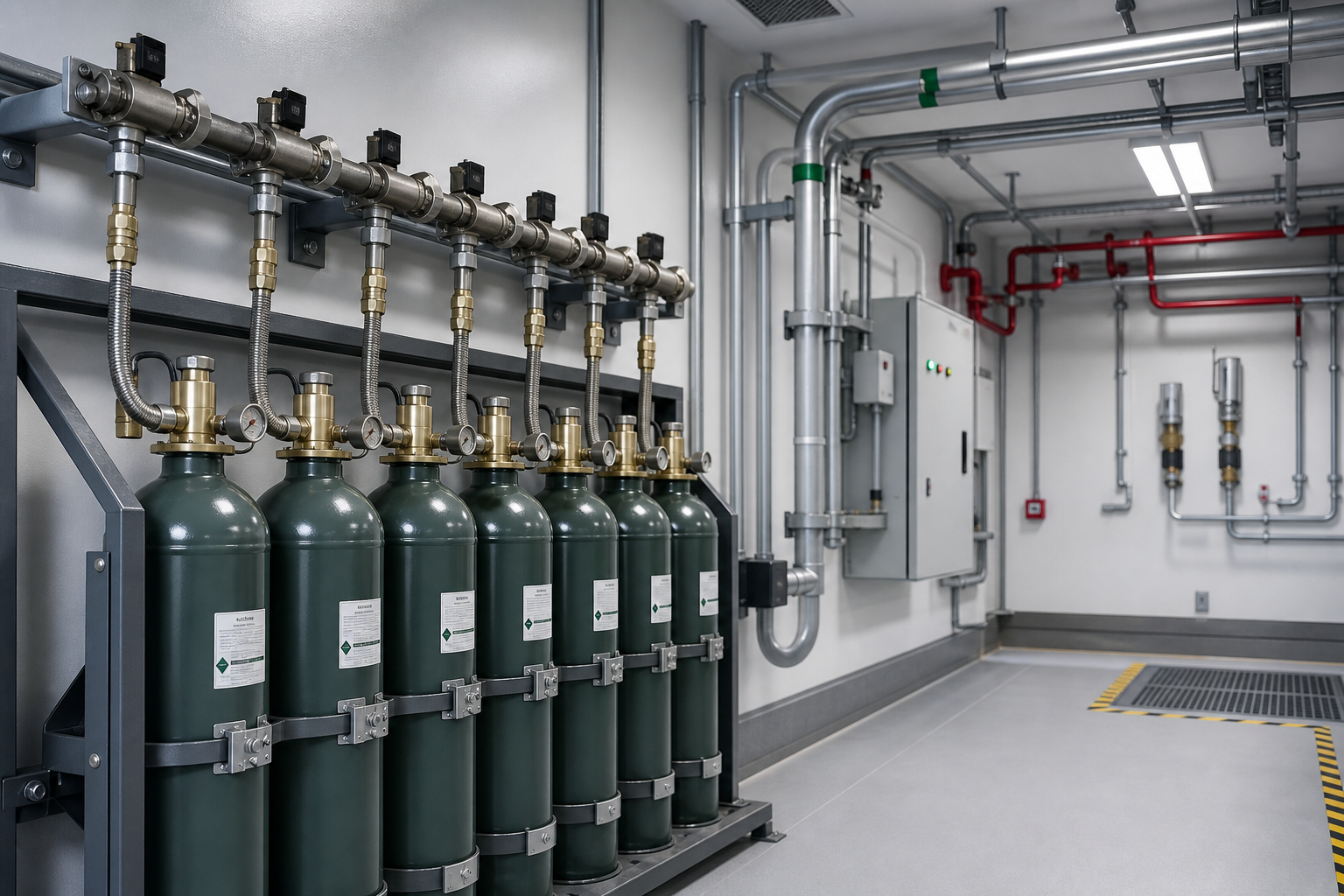 Novec suppression cylinders connected to a clean-agent distribution manifold