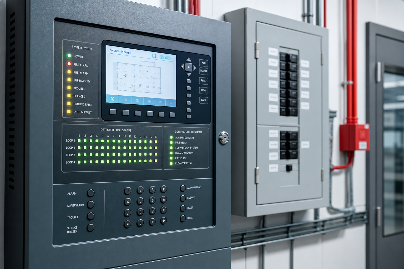 Addressable fire alarm control panel with detector loop diagnostics in a technical control room