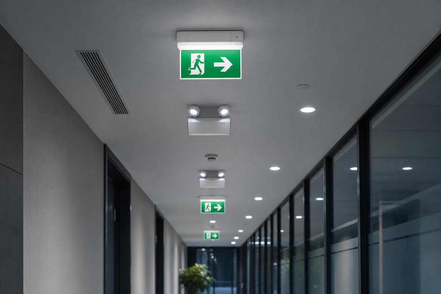 Emergency and exit light fittings mounted along an industrial corridor for evacuation guidance