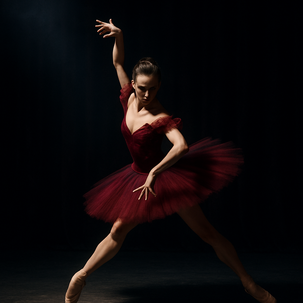 A fierce ballerina in a crimson tutu posing with sharp elegance on a shadowed stage