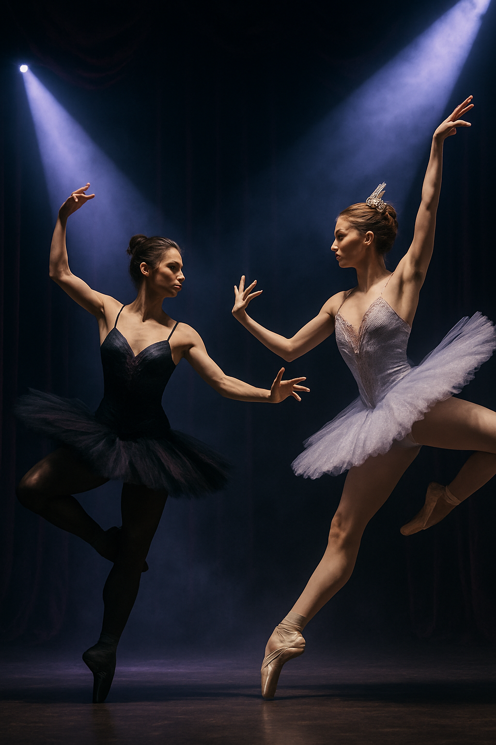 Two rival ballerinas in motion under a violet spotlight on a dramatic stage