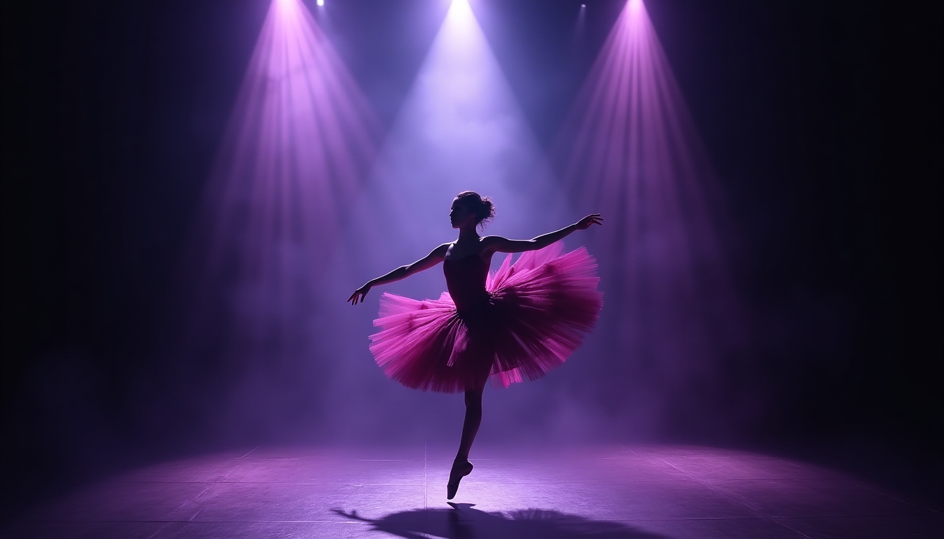 A realistic editorial stage photograph showing a ballerina in a dark violet costume leaping under a dramatic white spotlight on a smoky theater stage