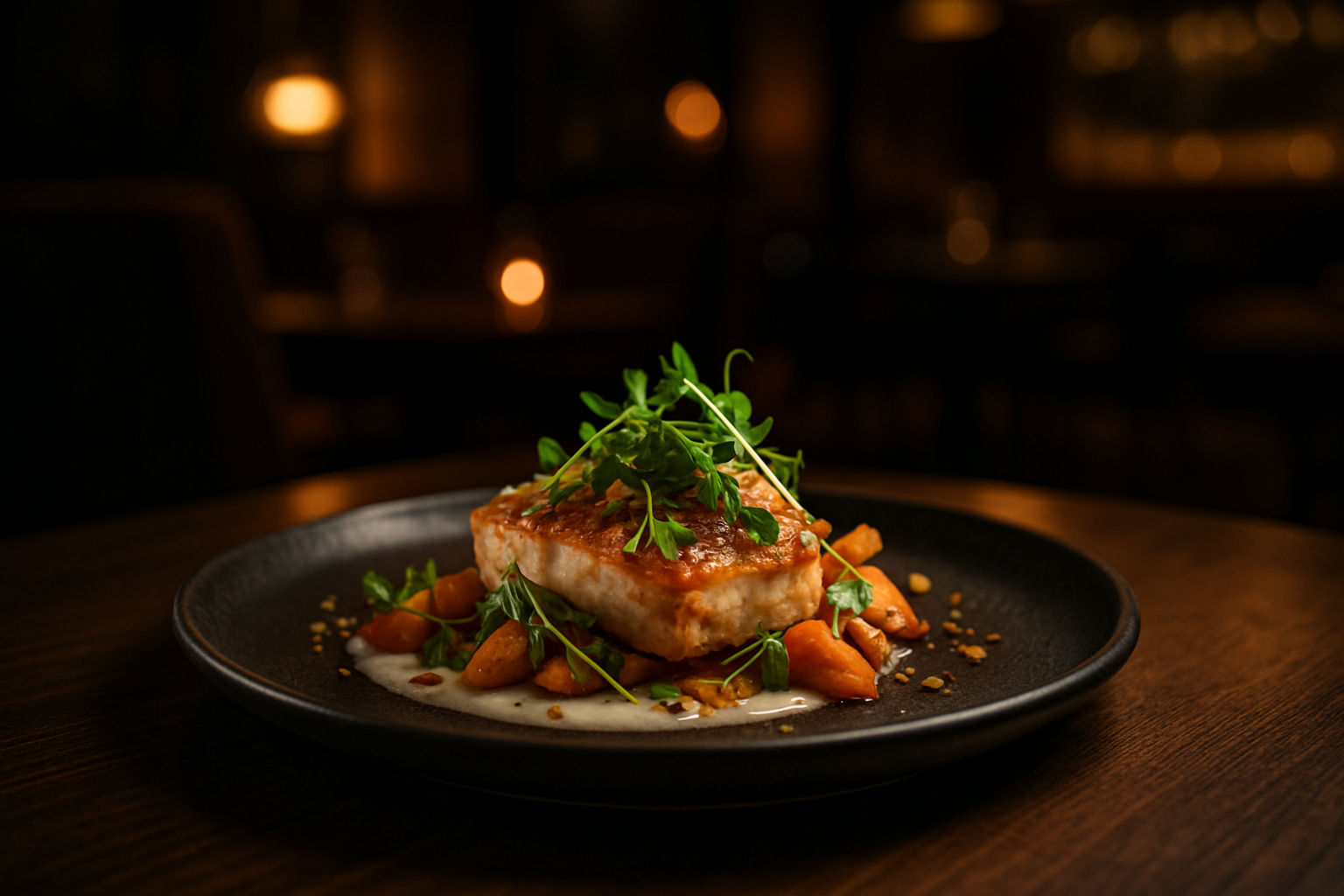 Plato contemporáneo con presentación elegante sobre mesa oscura en ambiente nocturno de gastro bar