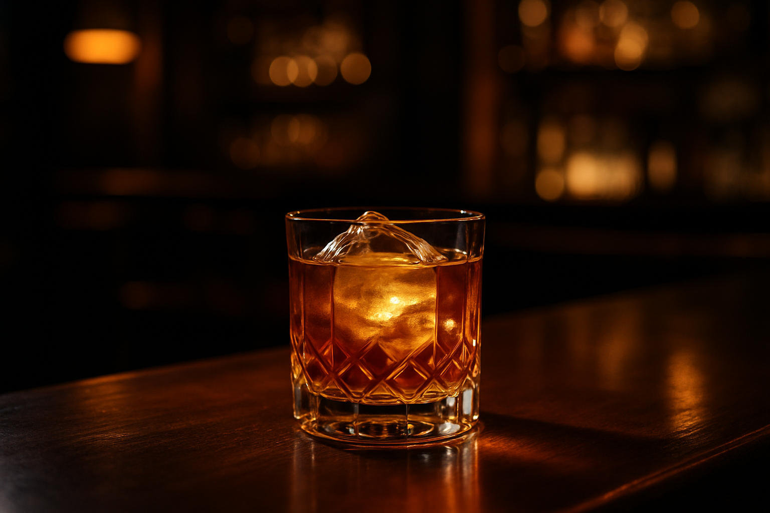 Bebida color ámbar en copa elegante con hielo y reflejos cálidos en barra nocturna