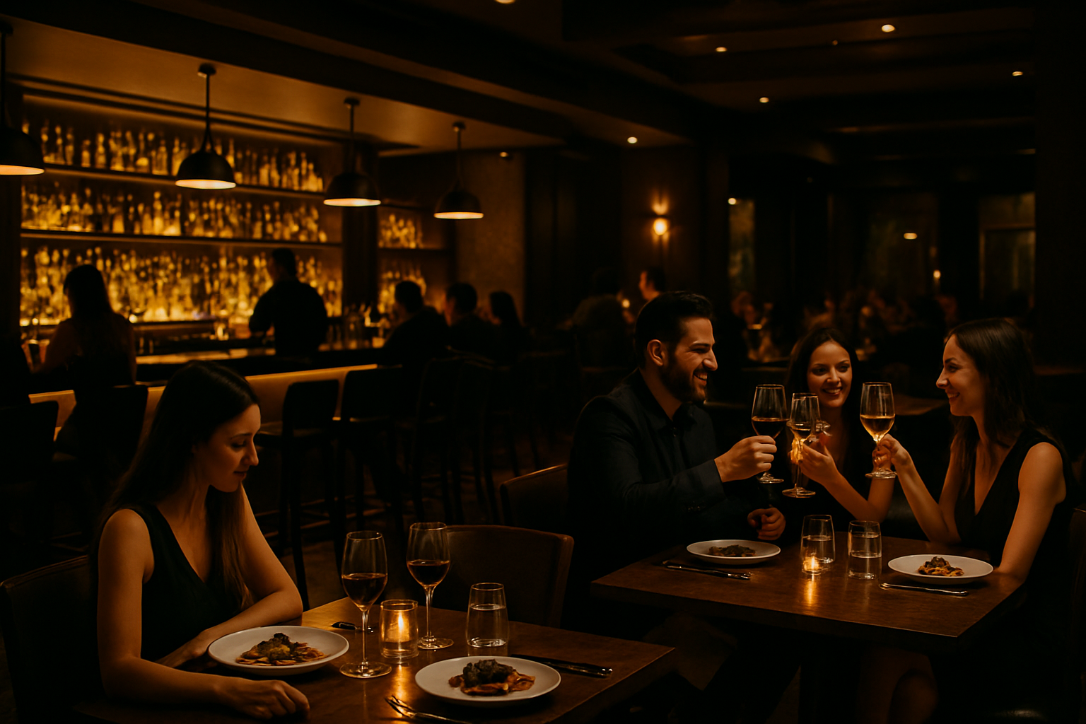 Interior nocturno premium de un gastro bar con mesas elegantes, barra iluminada y público disfrutando cena y cocteles