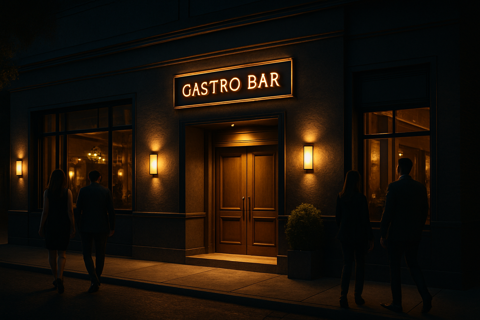 Entrada iluminada de Meister Gastro Bar Show con fachada elegante y acceso nocturno