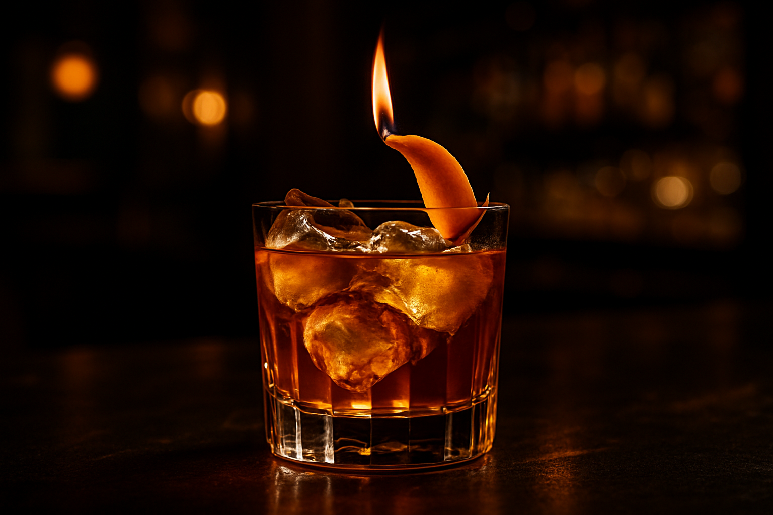 Bebida servida en barra de gastro bar con iluminación nocturna