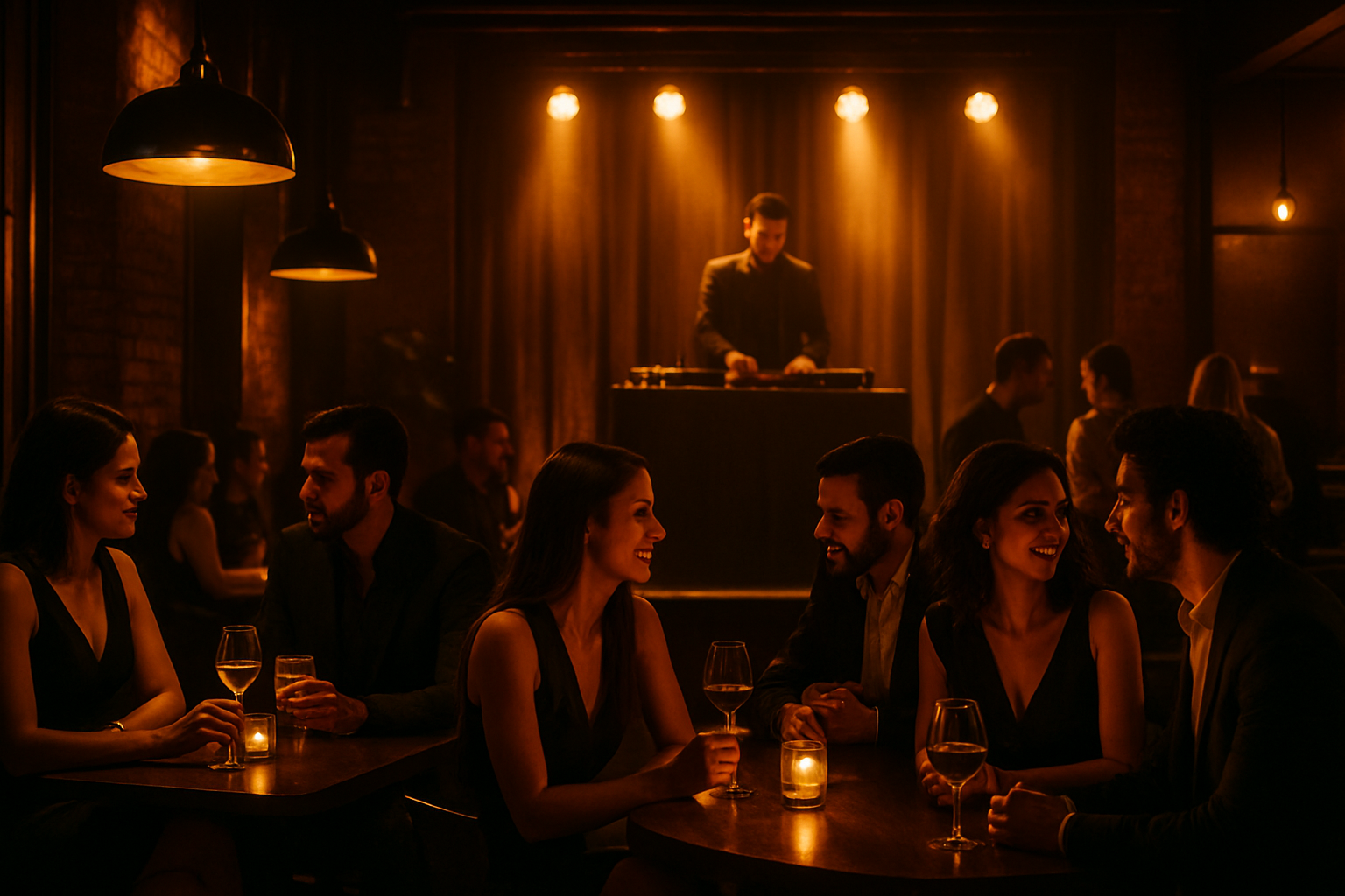 Escenario nocturno elegante con luces cálidas, DJ y público disfrutando el ambiente premium de un gastro bar