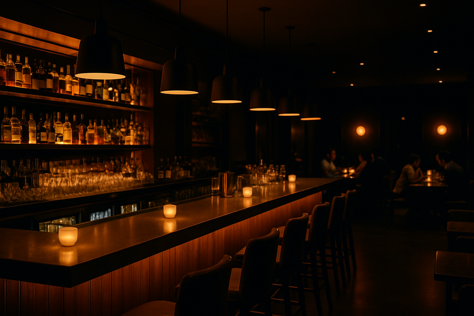 Interior nocturno elegante de un gastro bar con barra iluminada, mesas ocupadas y ambiente premium real