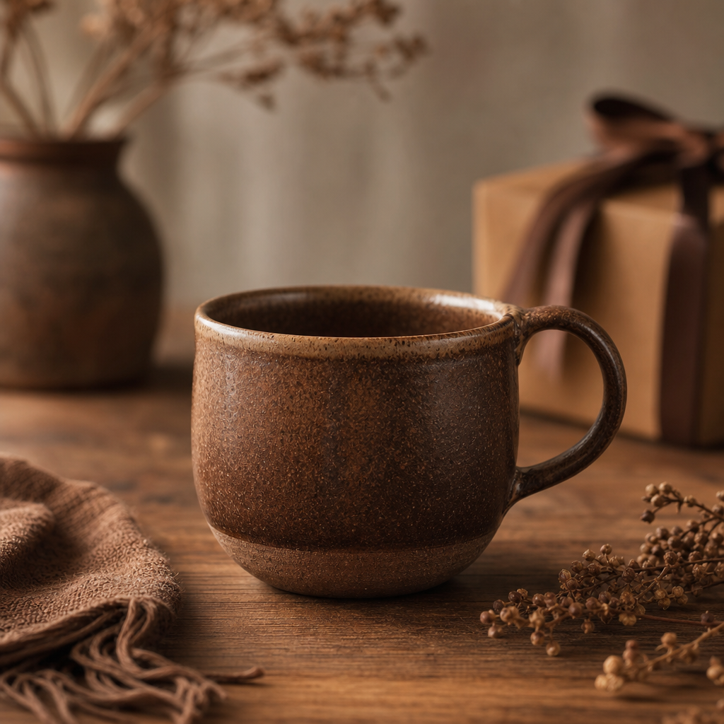 Handmade ceramic cup on a warm wooden tabletop with soft morning light