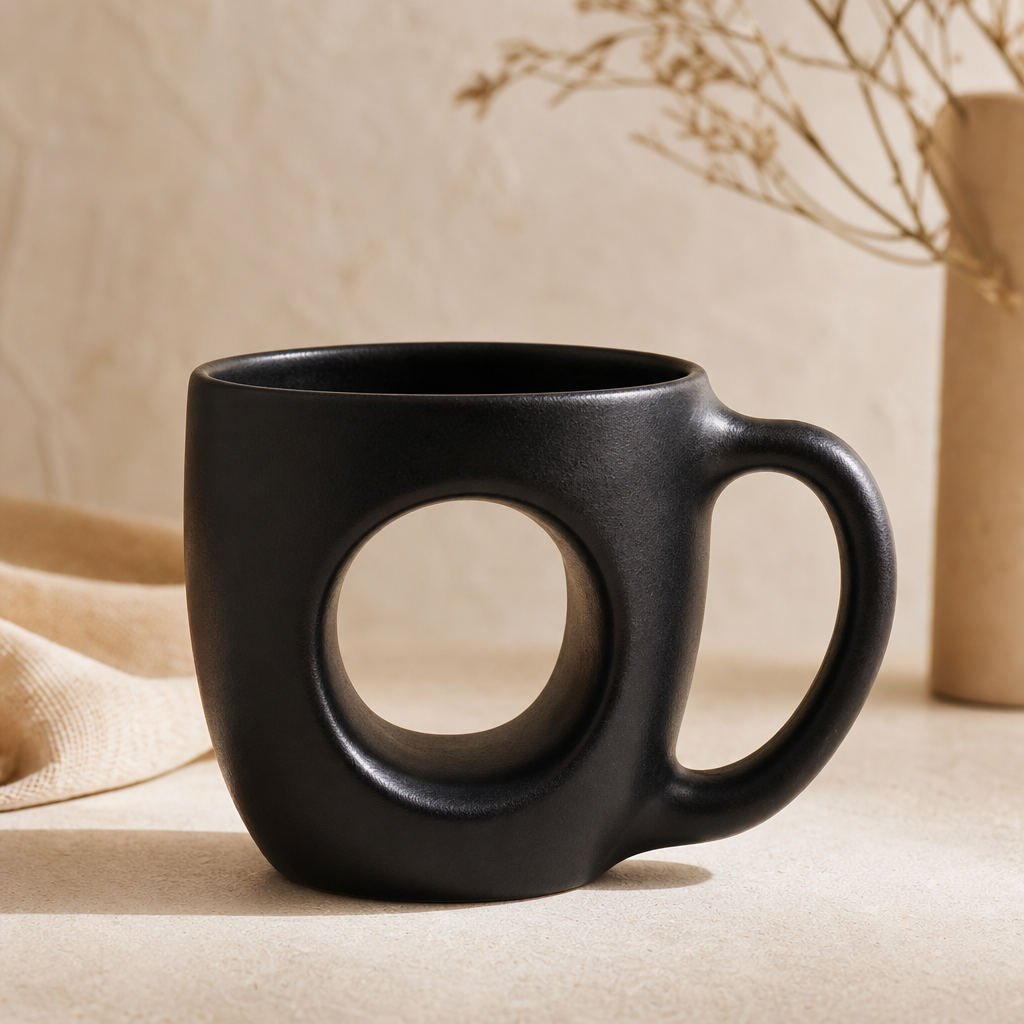 Warm handmade ceramic cup in a soft neutral setting with gentle morning light