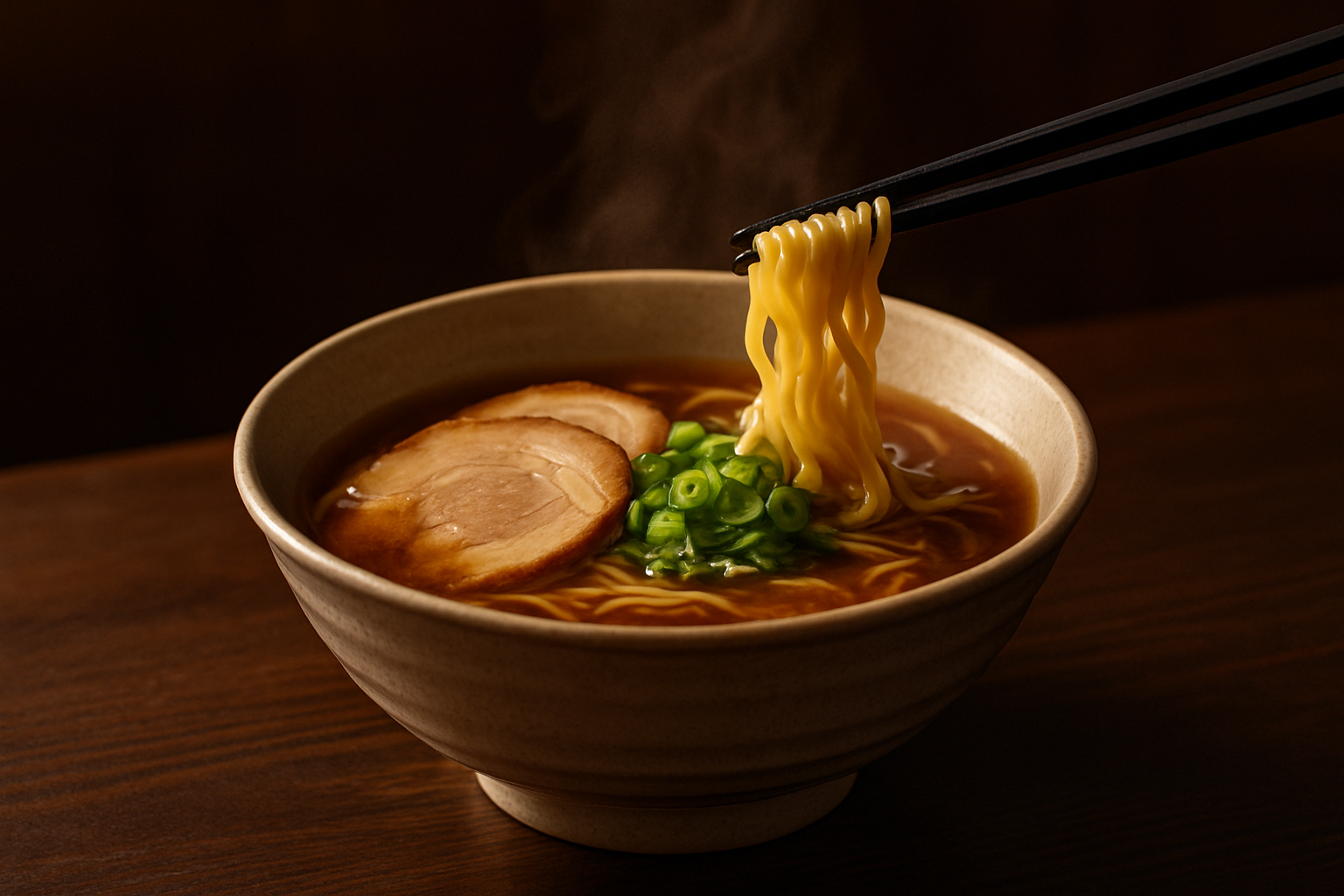 湯気が立ちのぼる深い色のスープの看板ラーメン