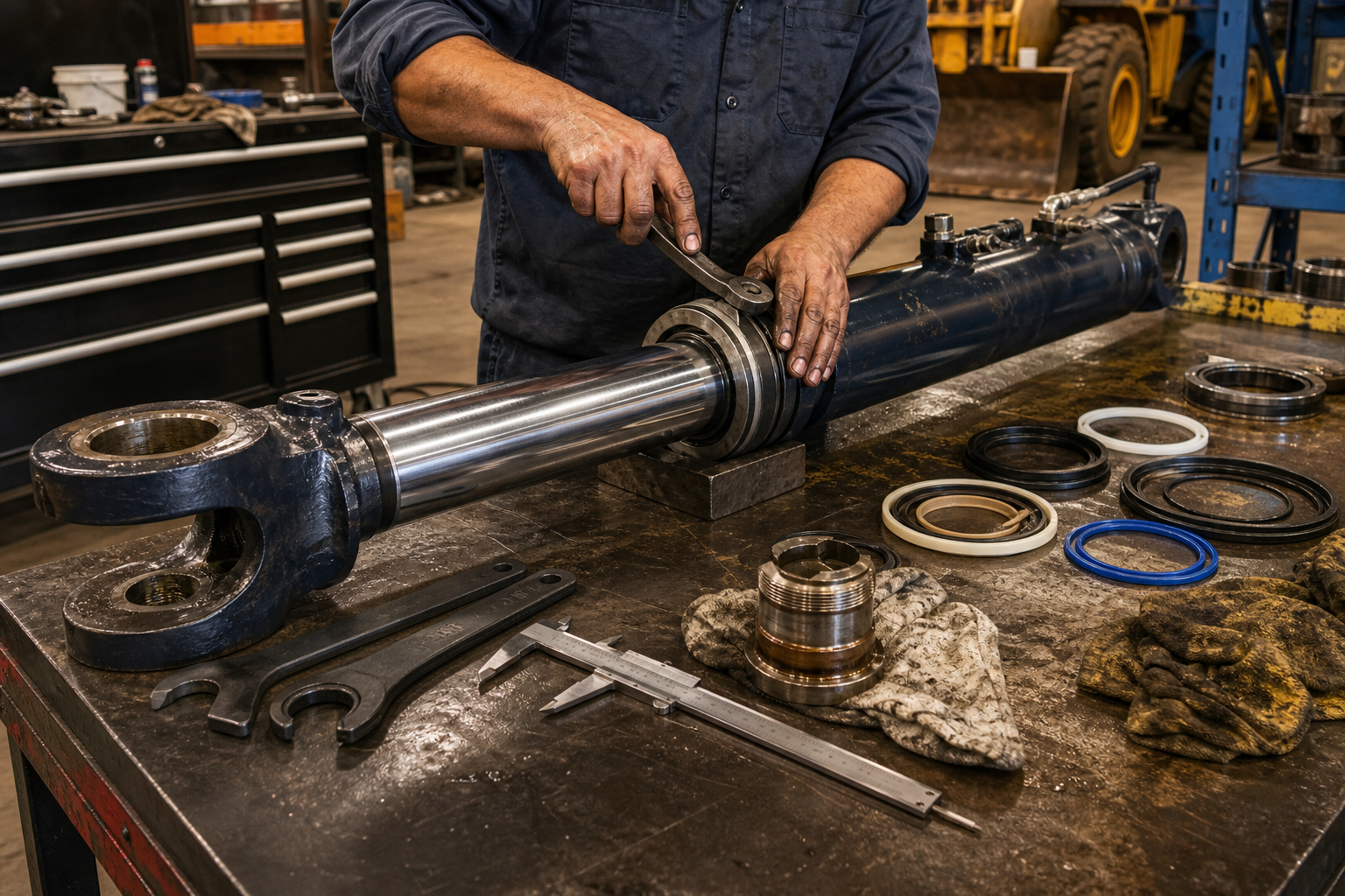 Hydraulic cylinder rebuild scene on a shop bench with measuring tools, seals, and rugged industrial surroundings