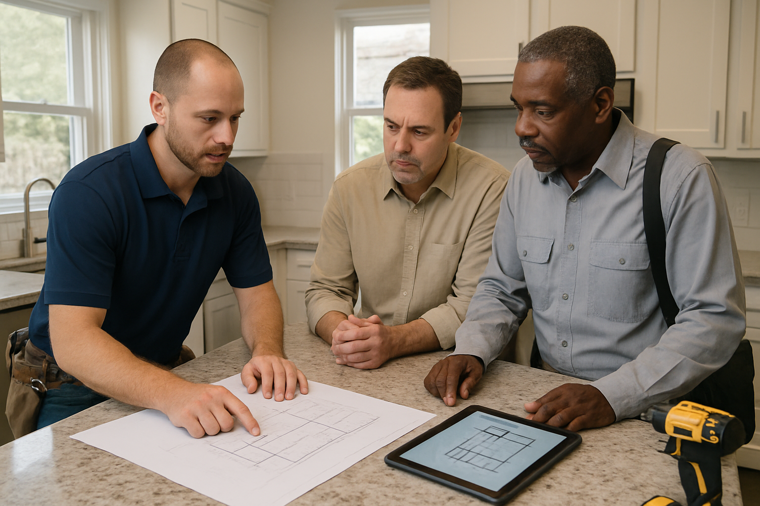 Licensed contractor and HVAC technician reviewing a remodeling plan with homeowners inside a clean DMV-area residence