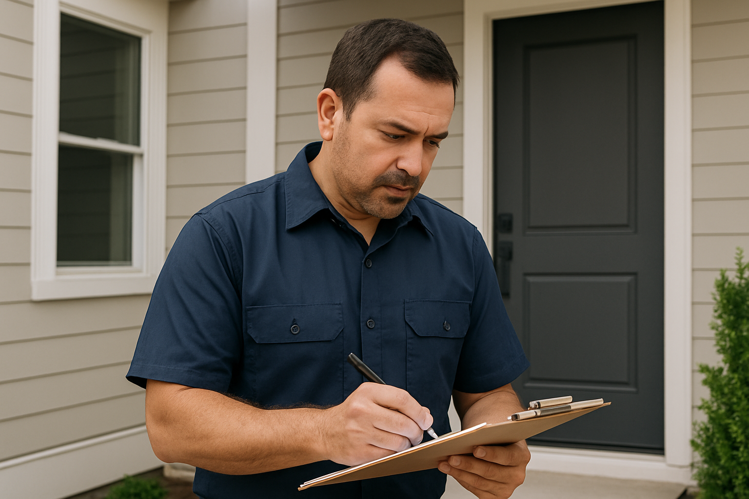 Licensed contractor in a navy work shirt reviewing project notes on-site outside a clean residential building in the DMV area