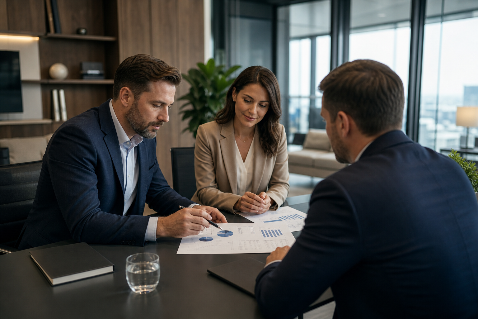 Professional investor consultation in a modern office with advisors reviewing portfolio reports
