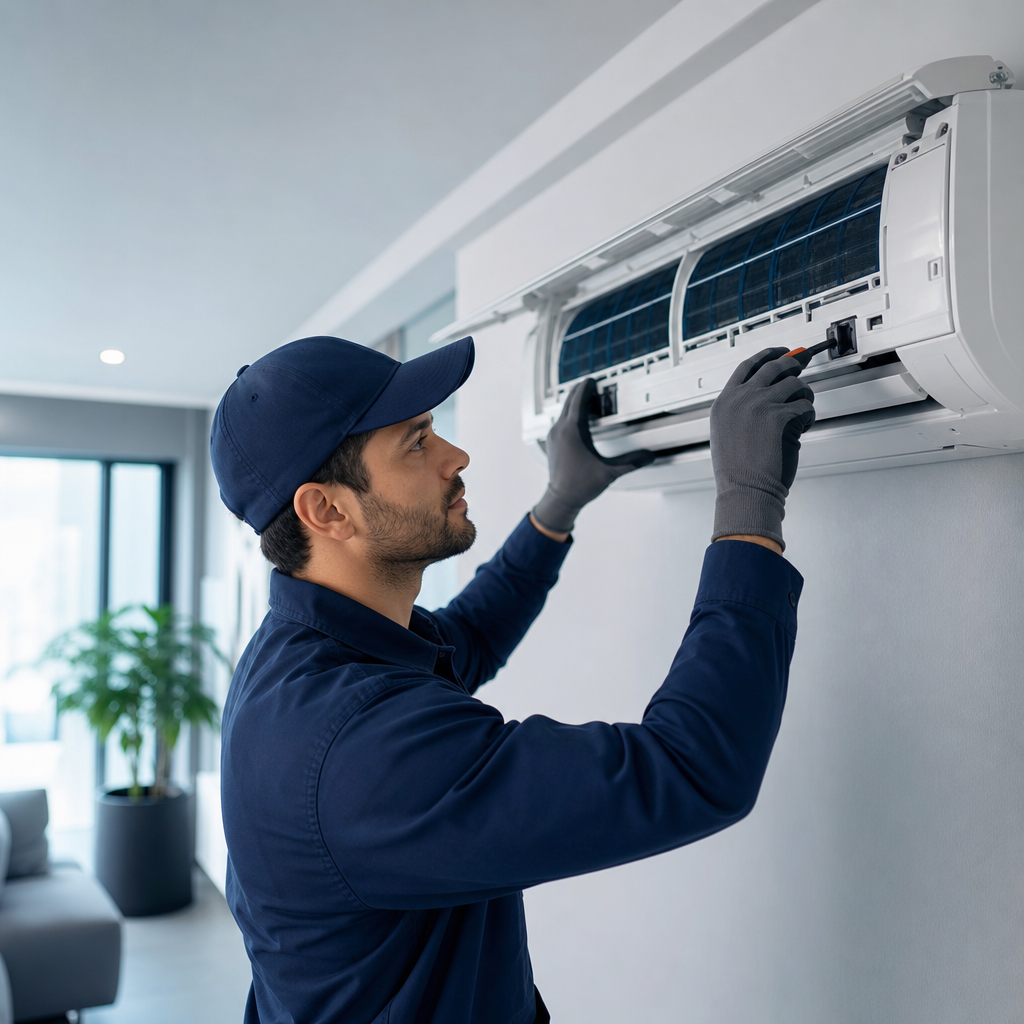 Técnico de aire acondicionado realizando inspección preventiva en una unidad interior moderna en una oficina luminosa
