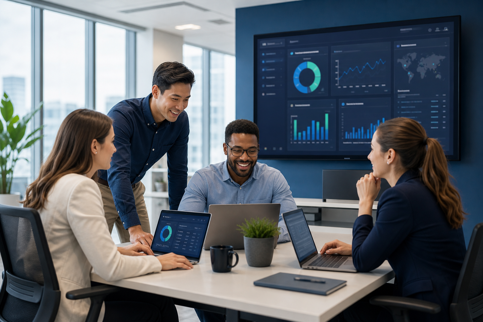 Business IT support team collaborating in a modern office with laptops and a large screen dashboard