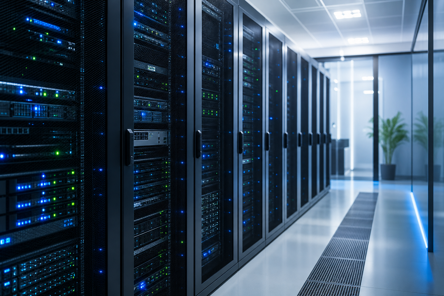 Secure server room with softly lit racks and glowing network indicators