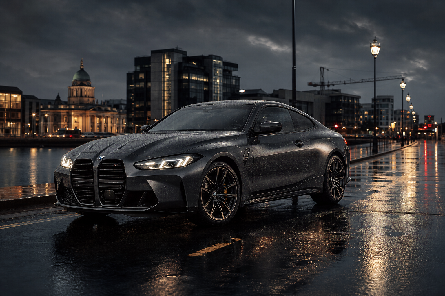 Premium performance coupe photographed at dusk on a wet urban street in Ireland with cinematic reflections and moody contrast
