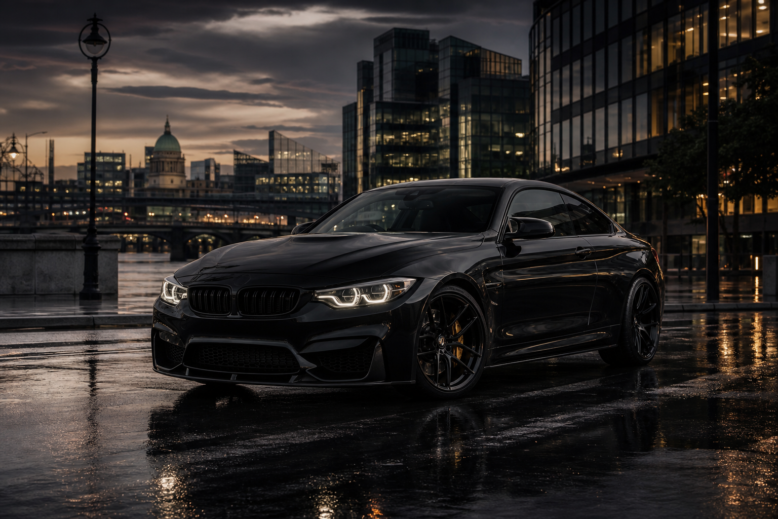 Luxury performance car in a dark cinematic urban setting at dusk