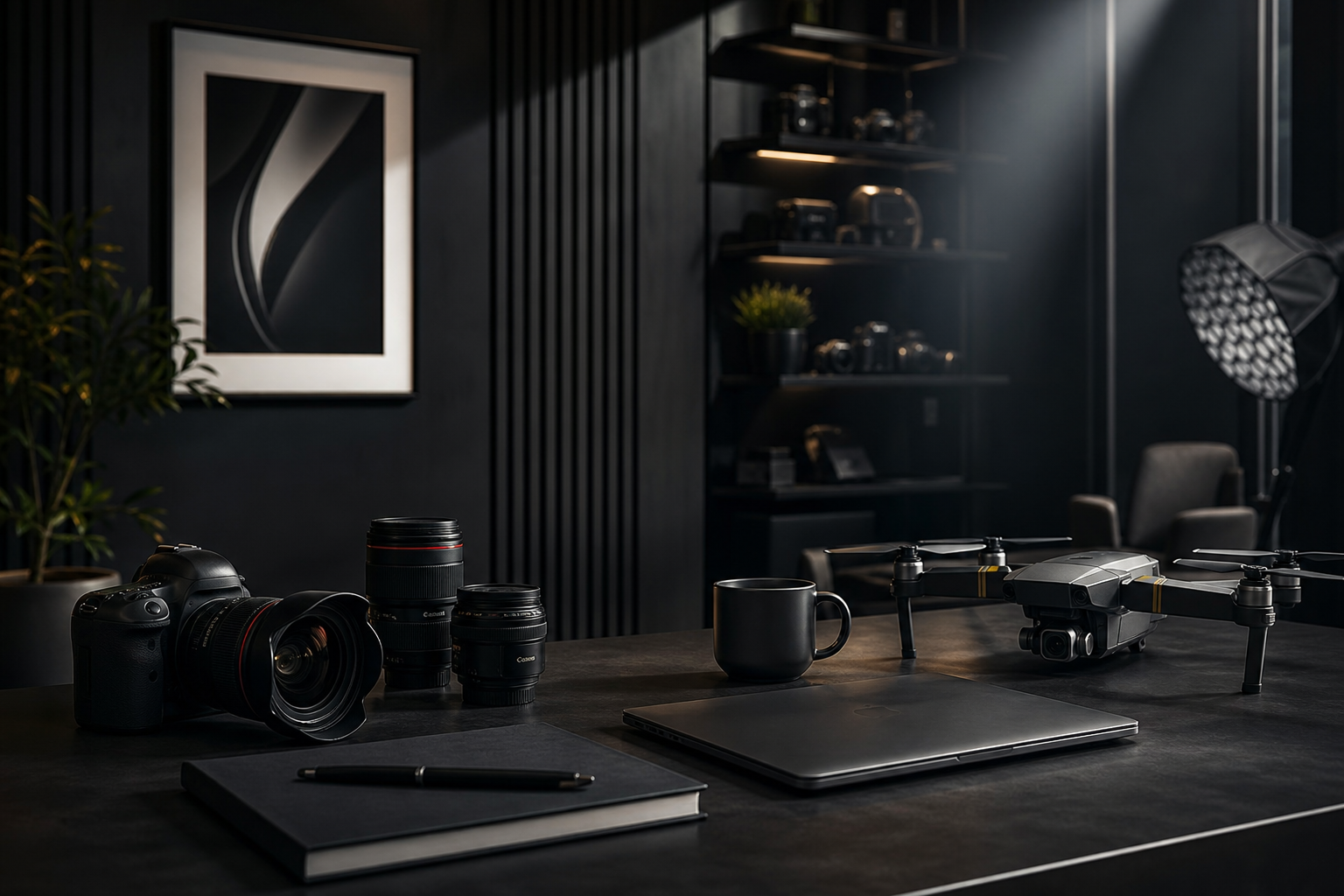 Premium commercial product setup in a contemporary studio workspace with controlled cinematic lighting