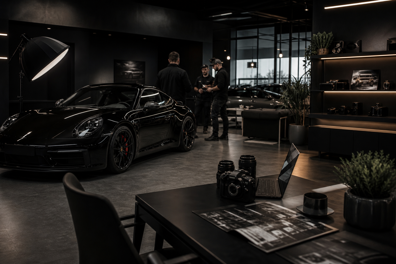 Premium commercial brand environment with team and product presentation