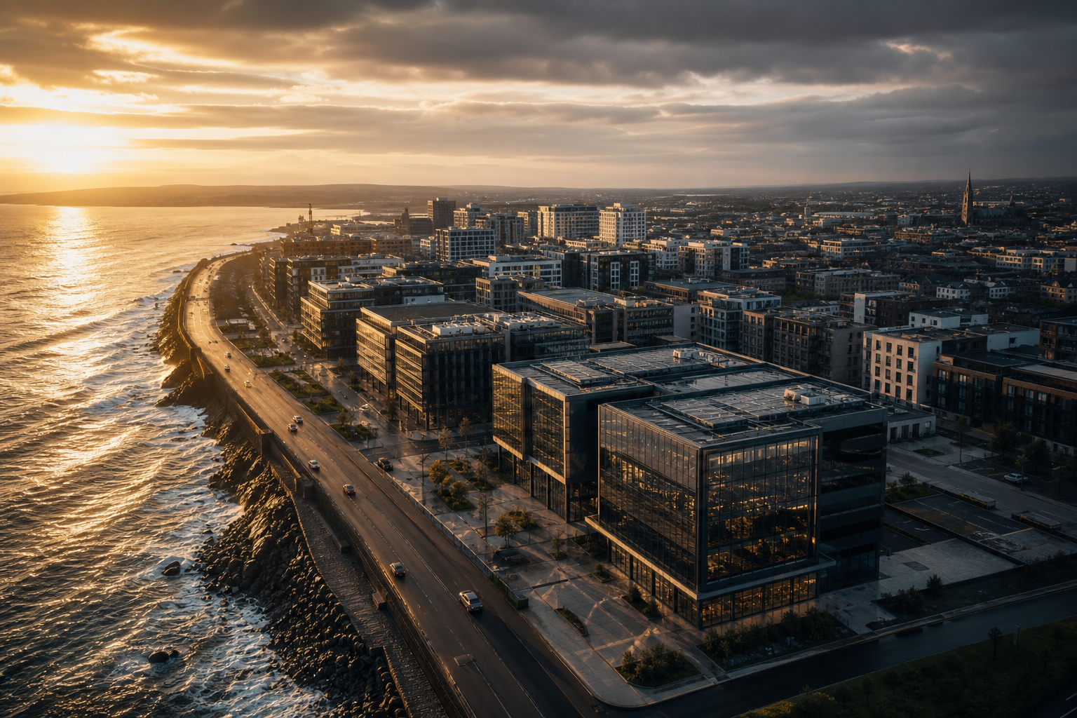 Aerial drone view over Irish coastline and business district at golden hour