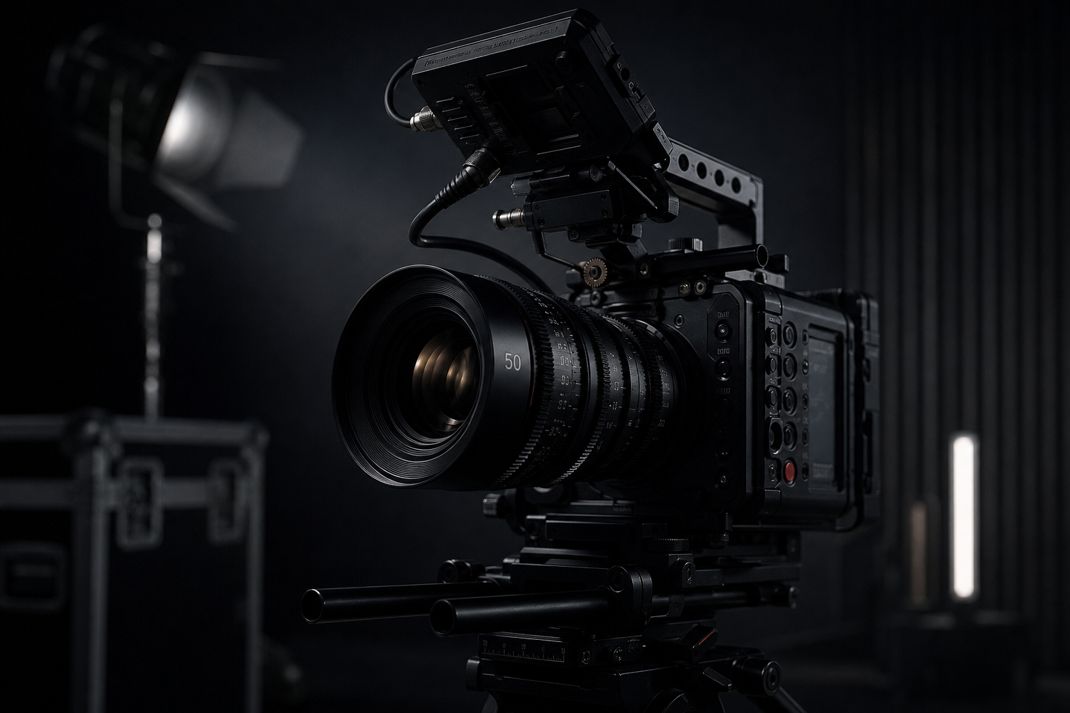 Dark professional cinema camera rig with a large lens, rich black tones, subtle metallic highlights, and cinematic studio lighting
