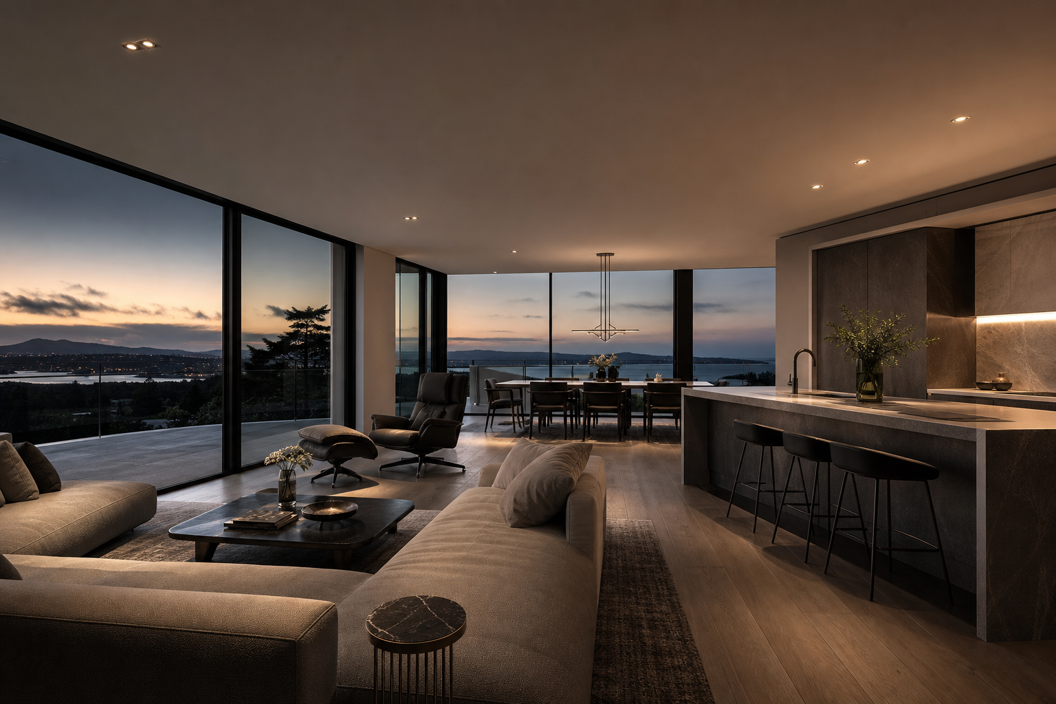Modern architectural home interior with floor-to-ceiling windows, soft evening light, and polished finishes