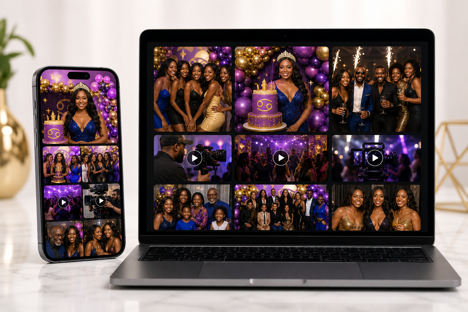 Mobile and laptop screens showing a vibrant private event gallery with smiling birthday guests and video thumbnails