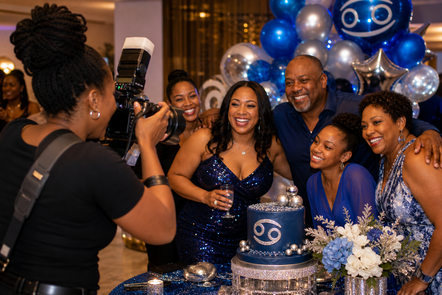Energetic personal paparazzi photographer capturing a joyful birthday celebration with a Cancer zodiac theme