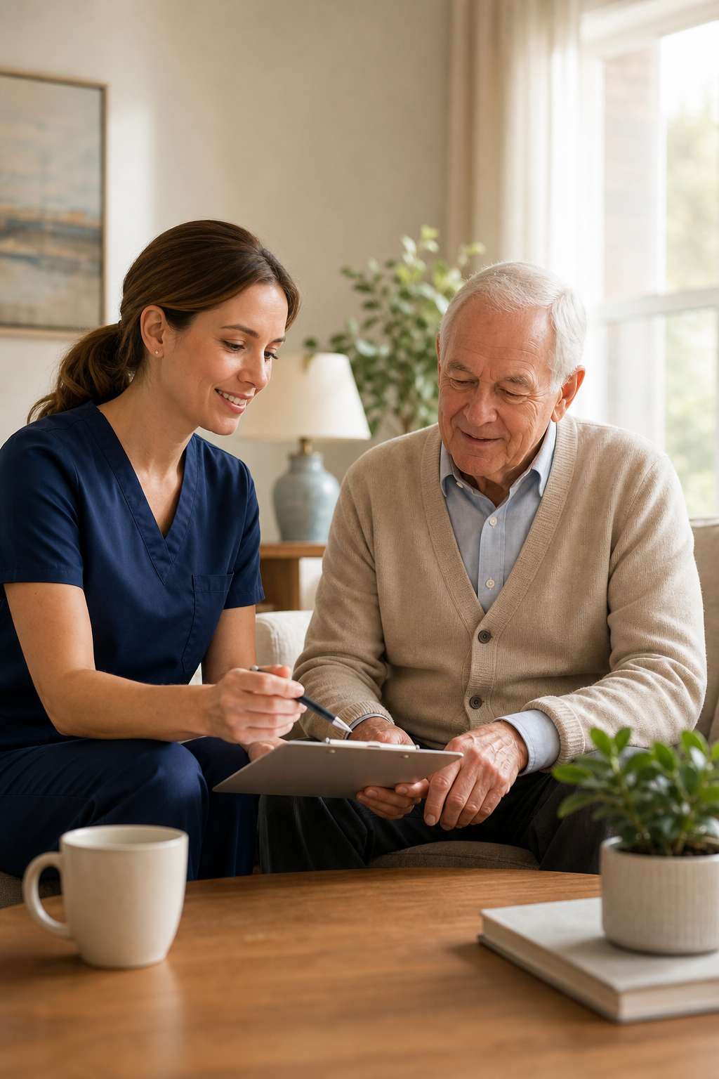 Calm in-home caregiving moment with a professional caregiver supporting an older adult client in a warm, tidy living room