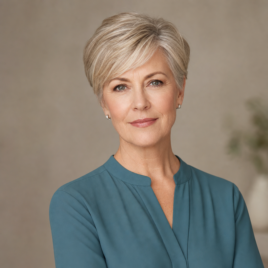 Professional portrait of Lena Brooks, a woman with short silver-blonde hair wearing a muted teal blouse, seated with a calm expression in soft natural light