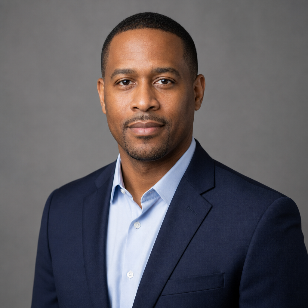 Professional portrait of Marcus Ellery, an African American man with close-cropped hair in a navy suit jacket and light shirt, photographed against a soft gray background